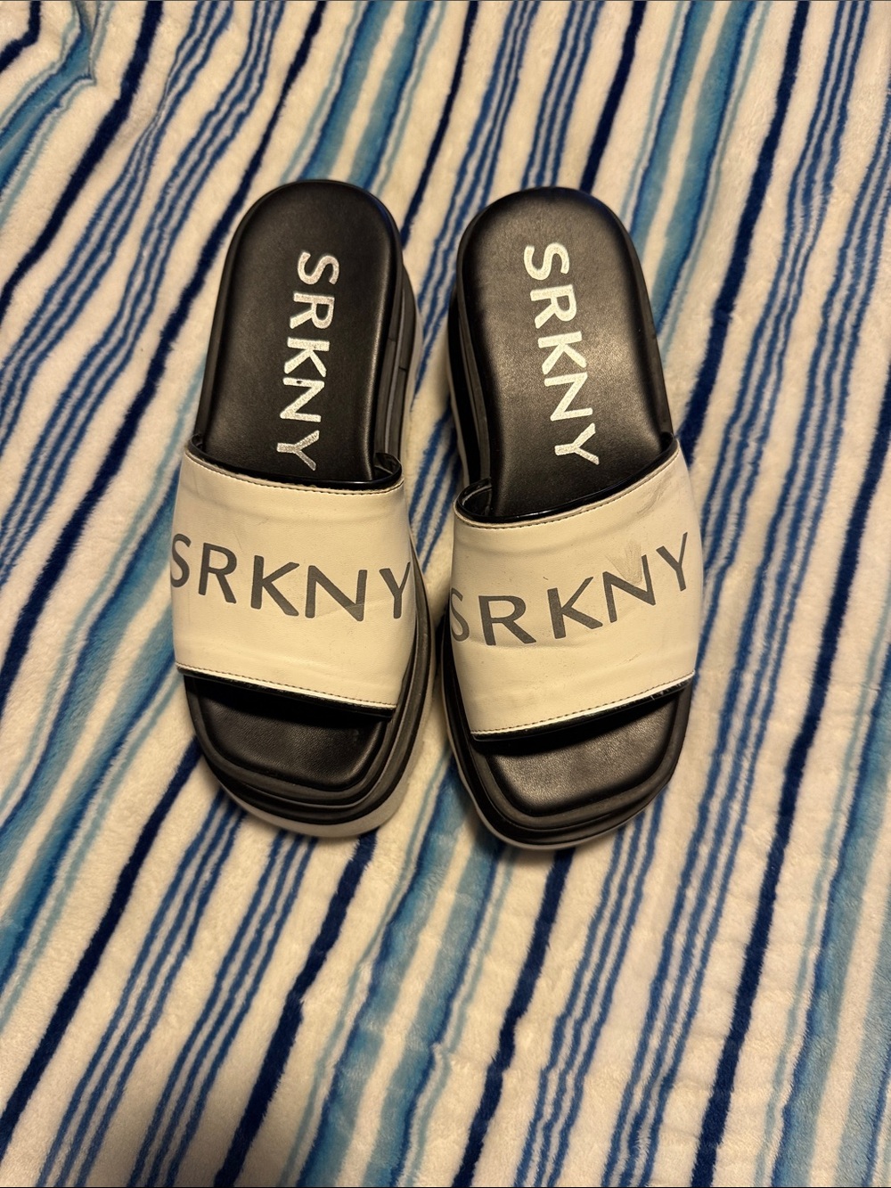SRKNY Logo Slide Sandals in Black and White